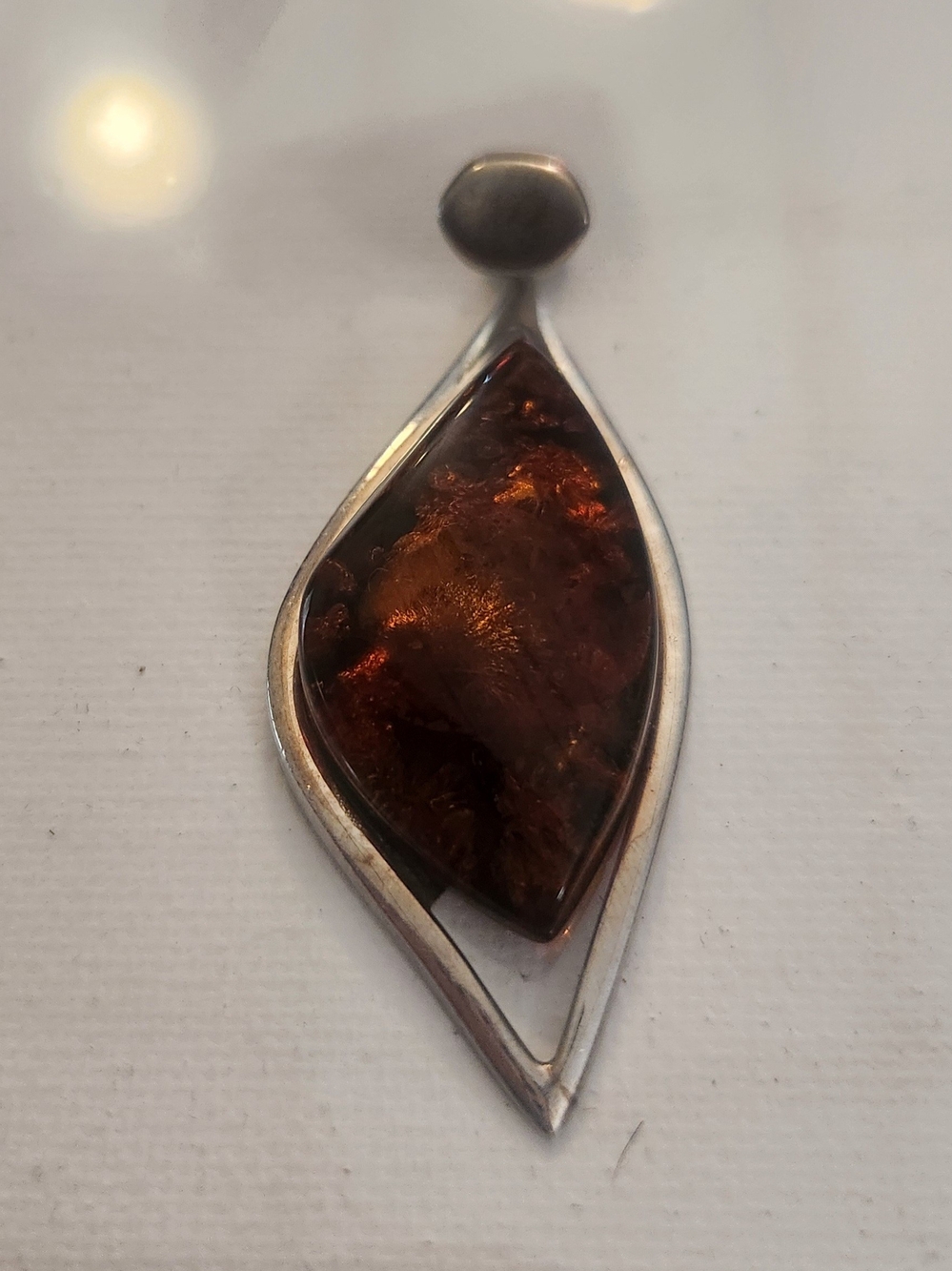 Vintage Sterling Silver Amber Teardrop Pendant - Brown Amber